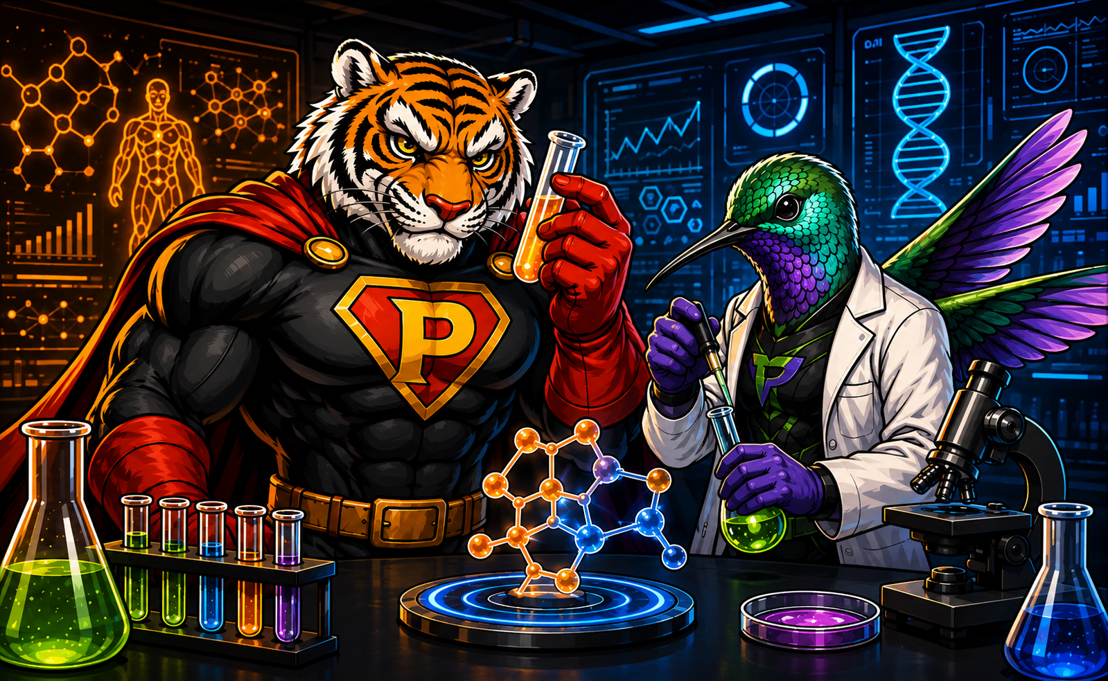 Tiger and hummingbird specimens analysing a compound in the Peppys laboratory