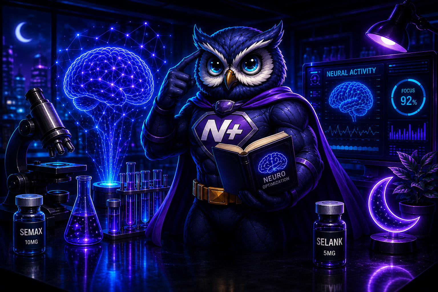 Owl specimen studying neural activity beside Semax and Selank vials